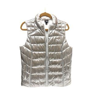 FILA SPORT Women’s Puffer Vest Silver Metallic Full Zip Jacket Size Large
